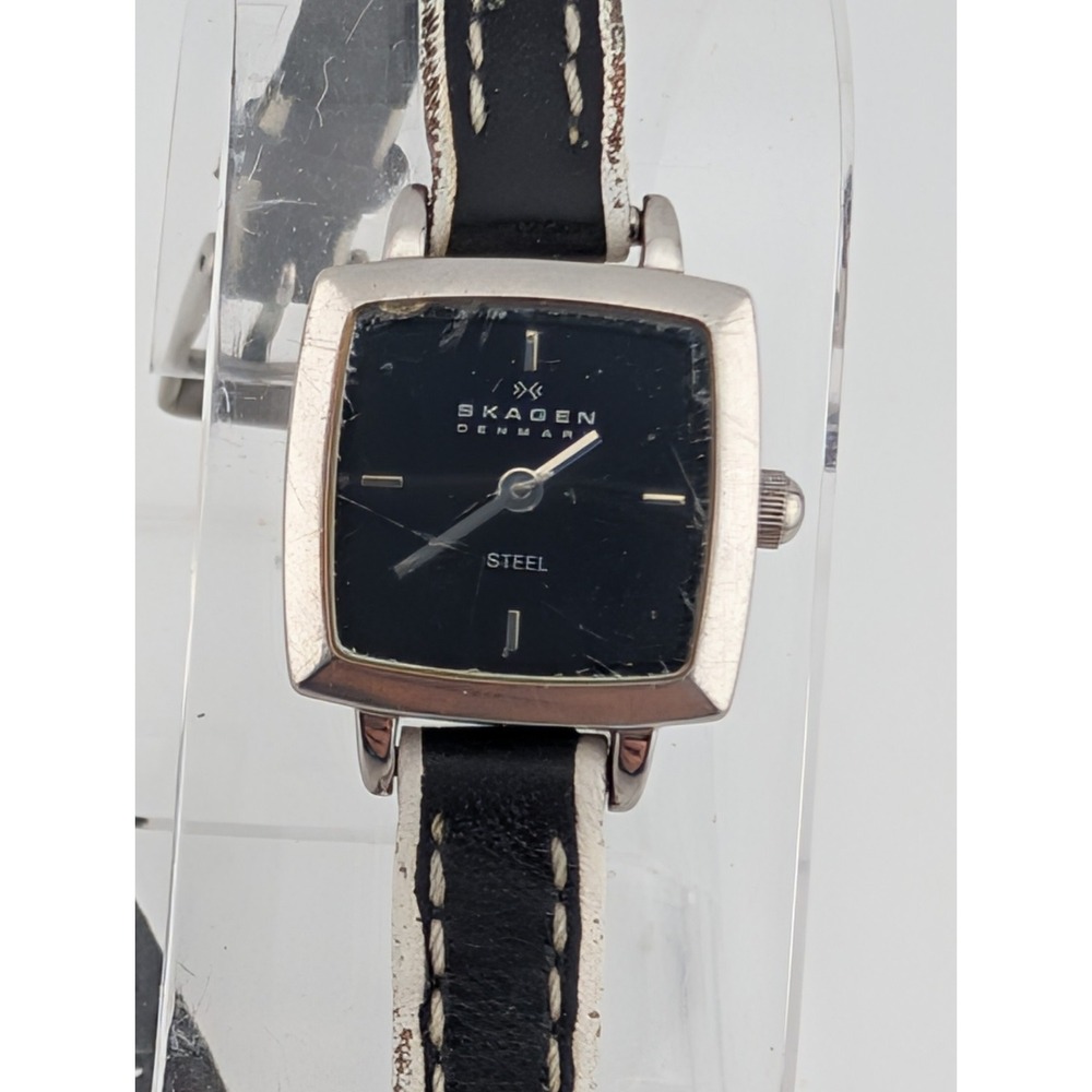 Skagen Steel Watch Women 17mm Case Petite Black Leather Band- New Battery